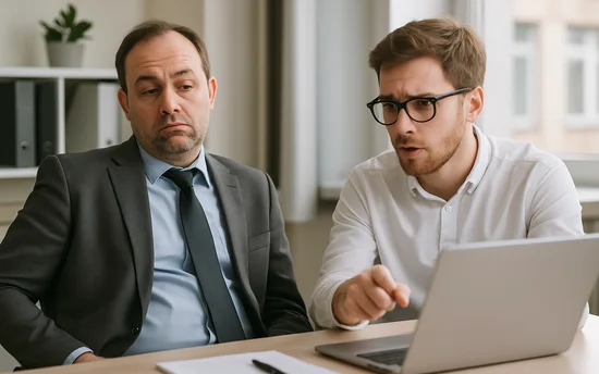 Två män i ett kontorsrum sitter vid ett skrivbord framför en bärbar dator. Den yngre mannen i vit skjorta och glasögon pekar engagerat mot skärmen medan den äldre mannen i kostym och slips lutar sig tillbaka och ser likgiltig eller ointresserad ut.
